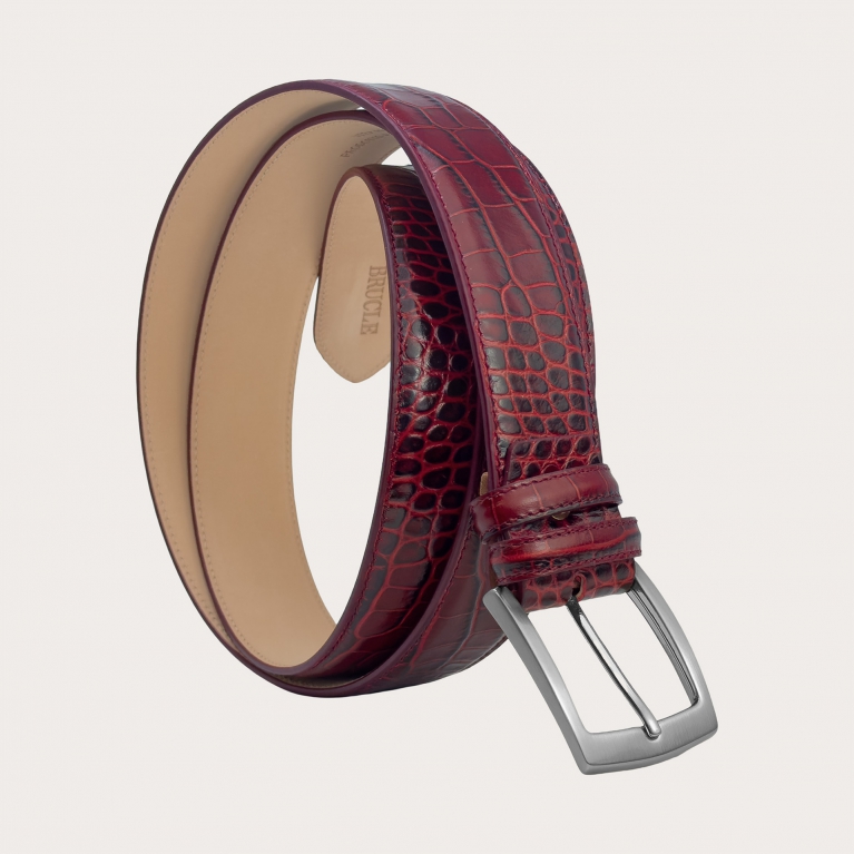 Extra long burgundy belt in genuine crocodile-embossed leather