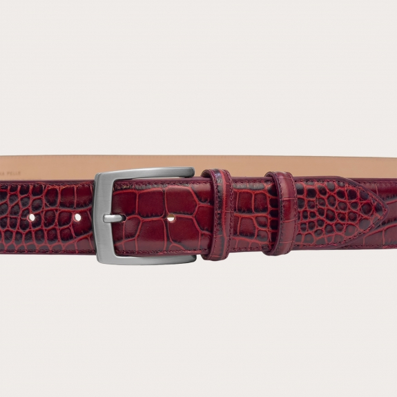 Extra long burgundy belt in genuine crocodile-embossed leather