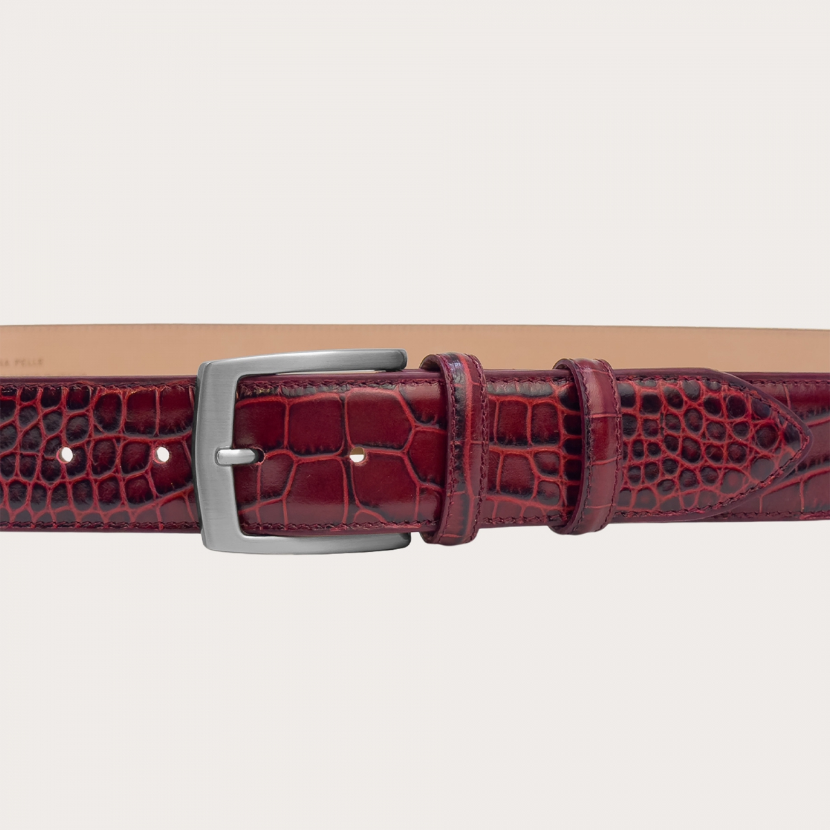 Extra long burgundy belt in genuine crocodile-embossed leather