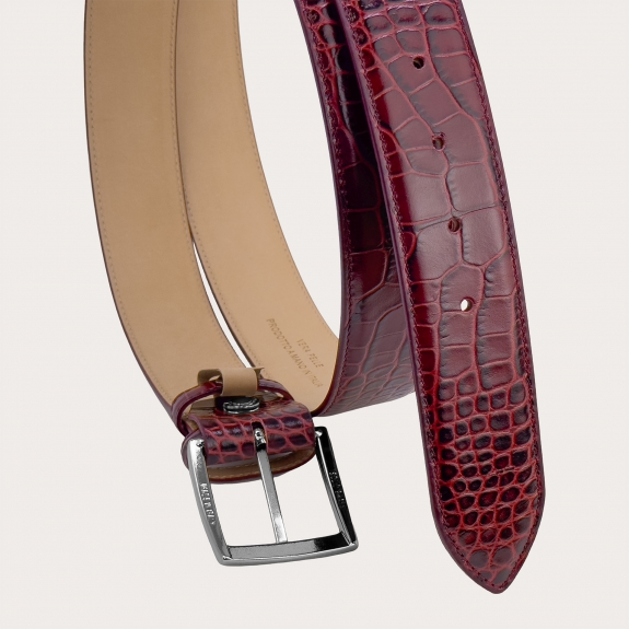 Extra long burgundy belt in genuine crocodile-embossed leather