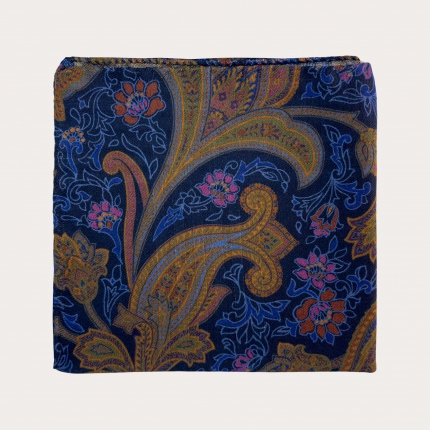 Men's pocket square in wool and silk with multicolored blue paisley pattern