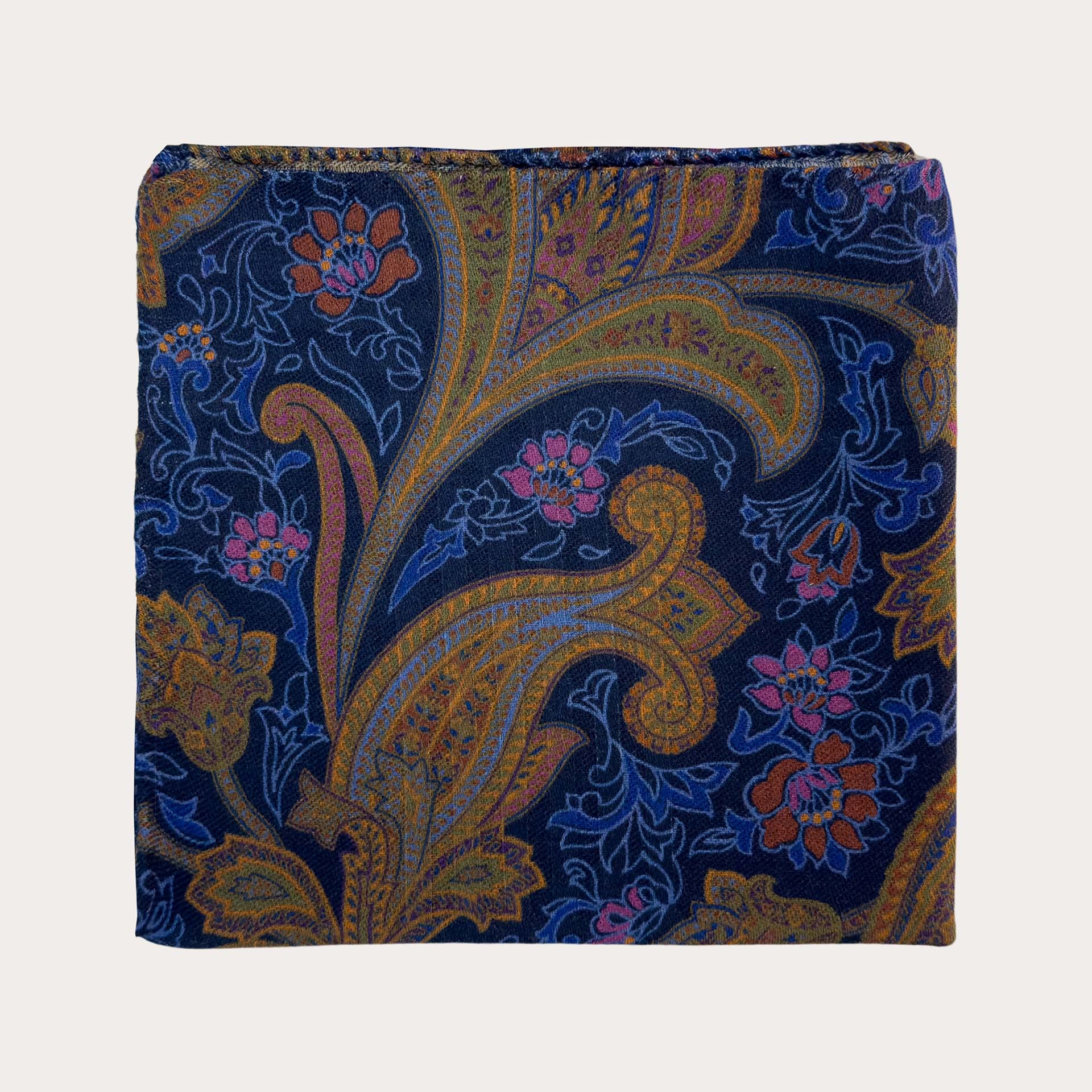 Pañuelo de hombre en lana y seda con estampado paisley azul multicolor