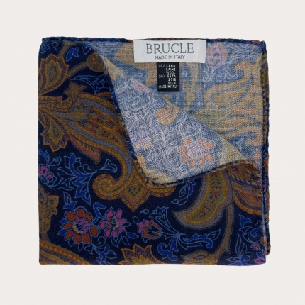 Men's pocket square in wool and silk with multicolored blue paisley pattern