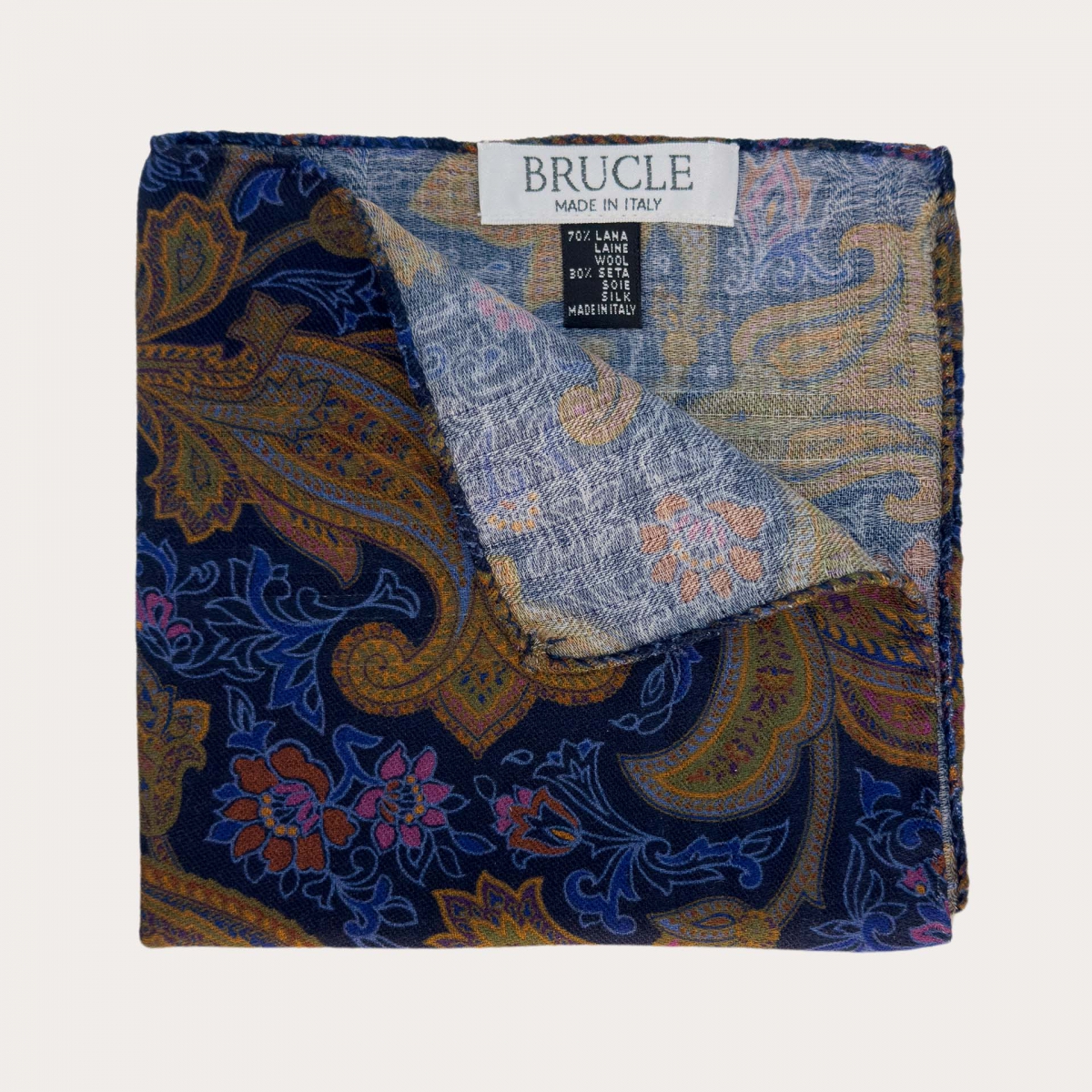 Pañuelo de hombre en lana y seda con estampado paisley azul multicolor