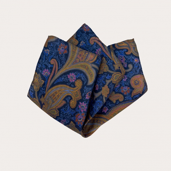 Men's pocket square in wool and silk with multicolored blue paisley pattern