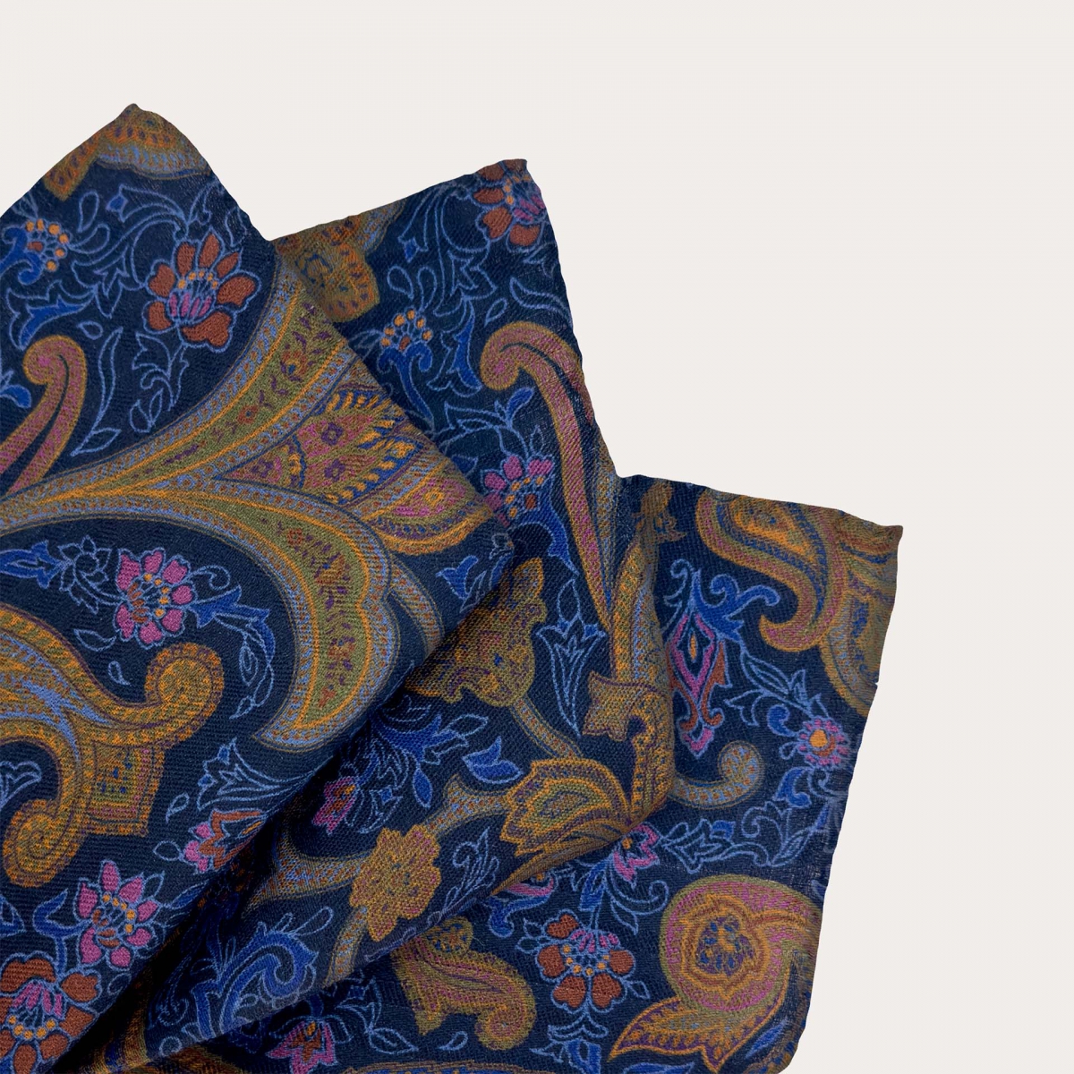 Men's pocket square in wool and silk with multicolored blue paisley pattern