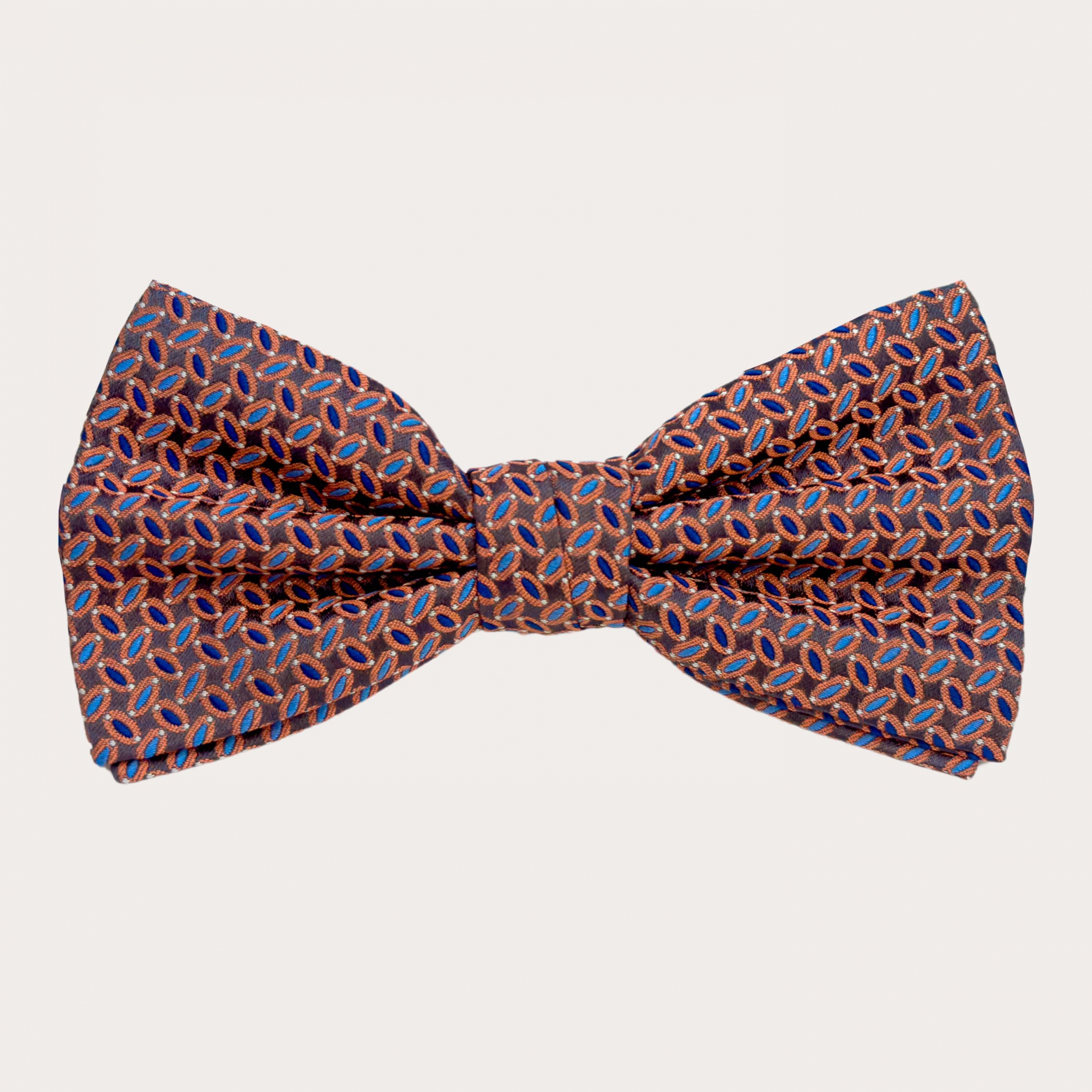 Pre-tied bow tie in brown, orange, and blue silk with a micro pattern