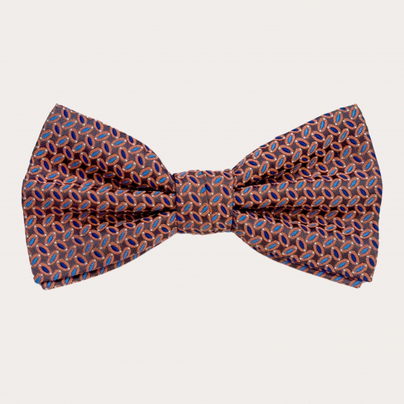 Pre-tied bow tie in brown, orange, and blue silk with a micro pattern