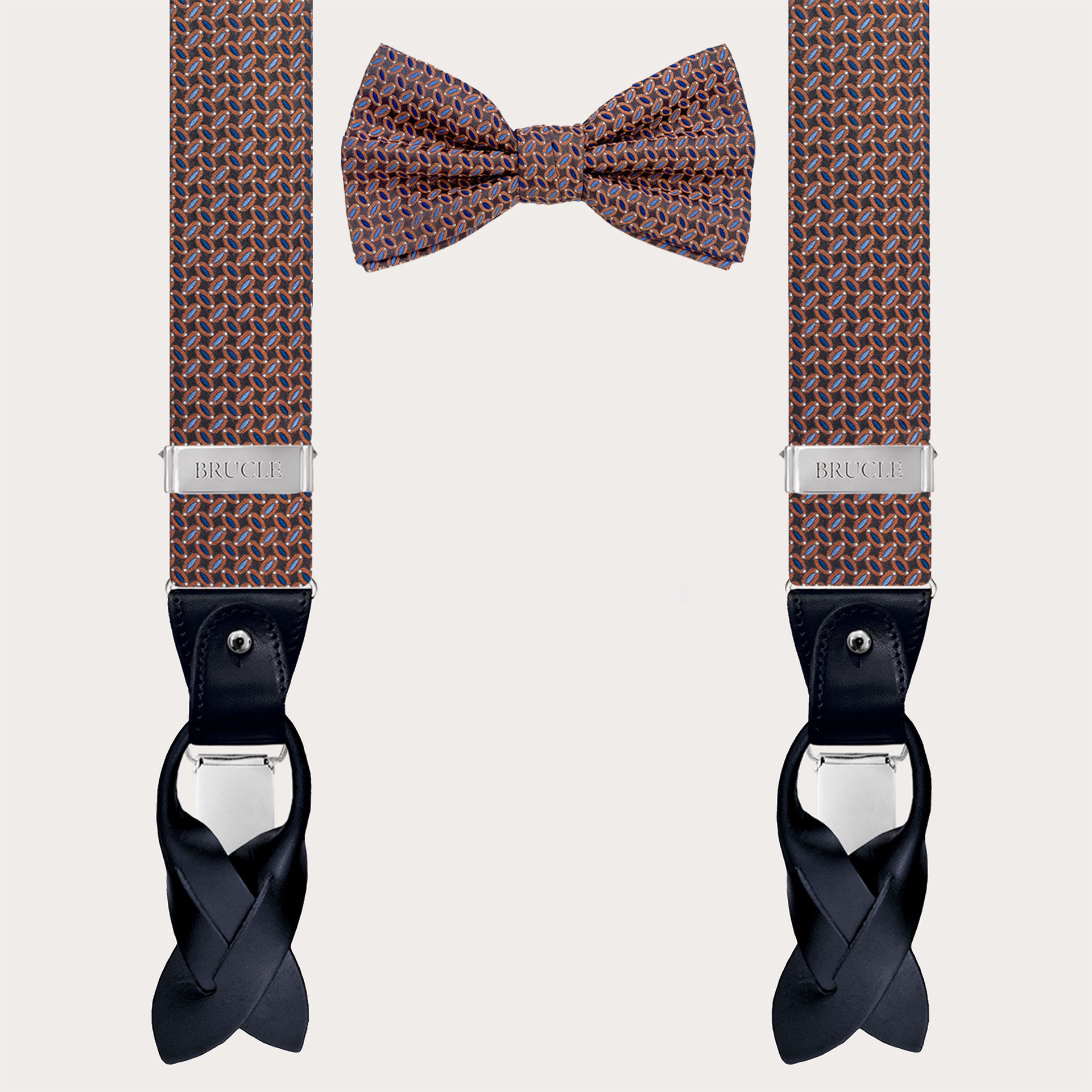 Coordinated set of braces and bow tie with multicolored micro pattern