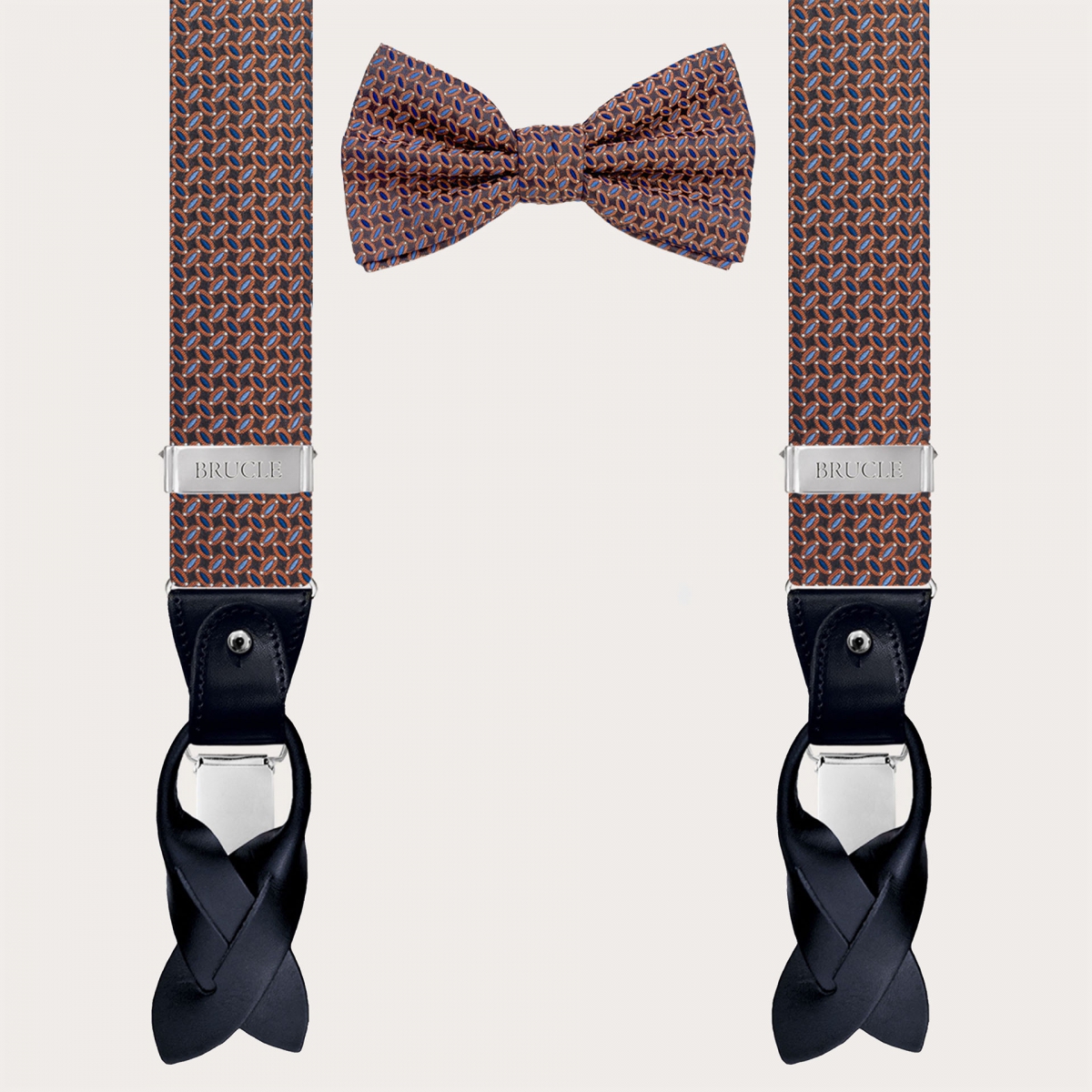 Coordinated set of braces and bow tie with multicolored micro pattern