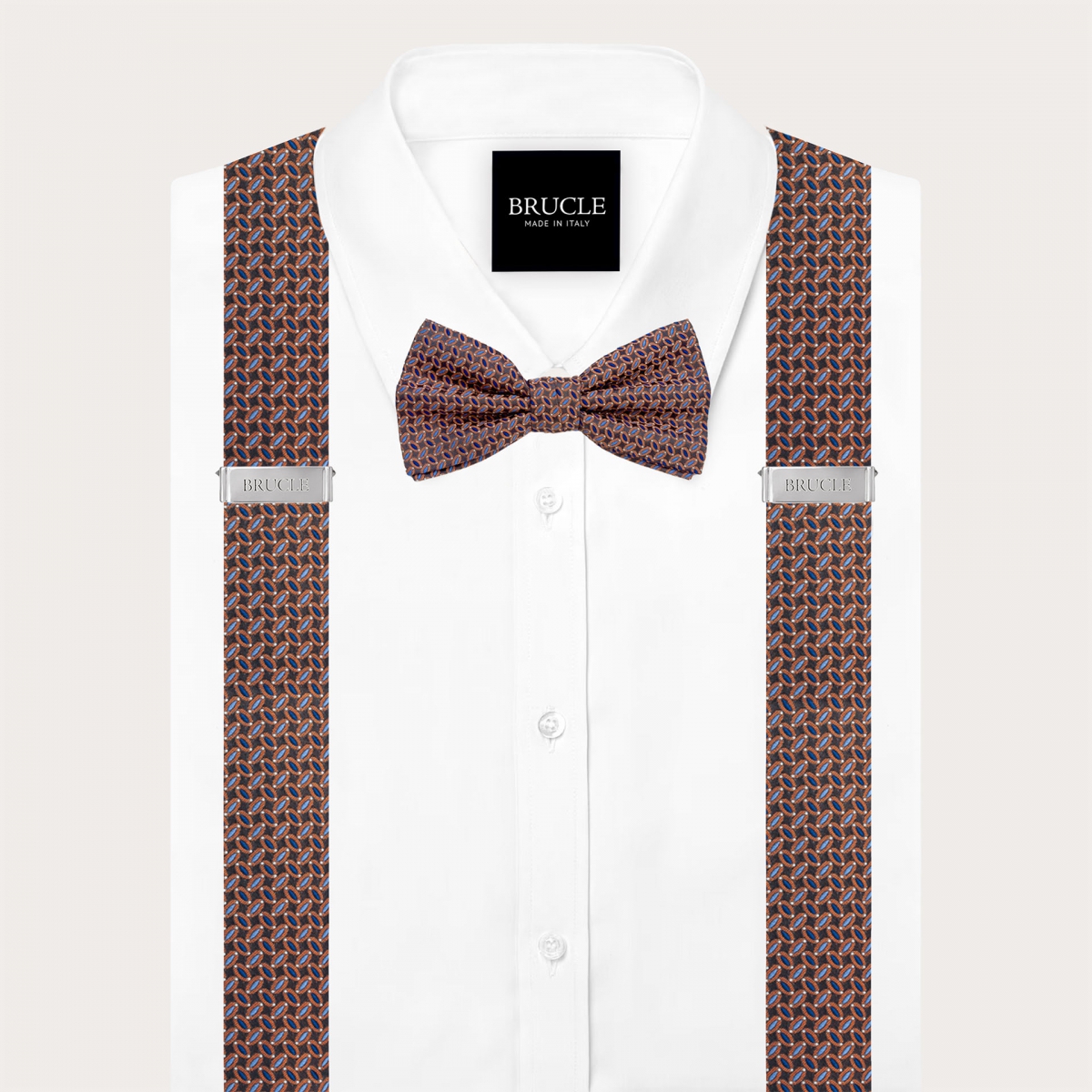 Coordinated set of braces and bow tie with multicolored micro pattern