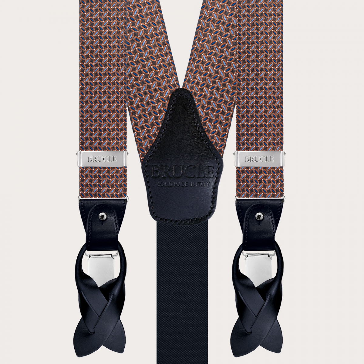 Coordinated set of braces and bow tie with multicolored micro pattern