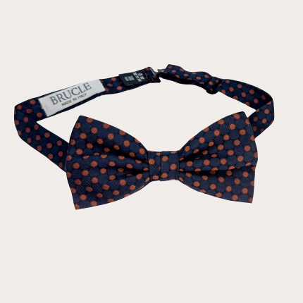 Blue silk bow tie with brown polka dots