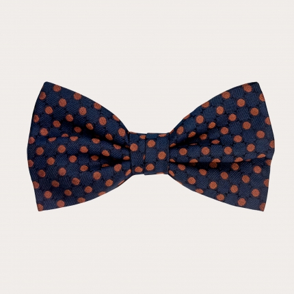 Blue silk bow tie with brown polka dots