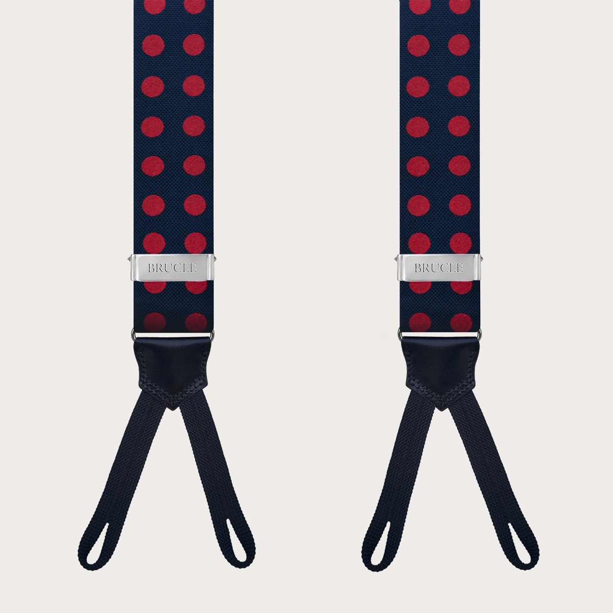 Men's blue silk suspenders with large red polka dots for buttons