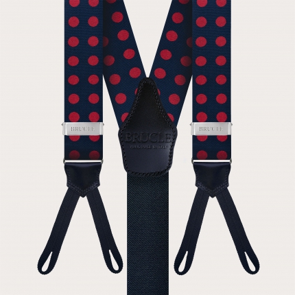 Men's blue silk suspenders with large red polka dots for buttons