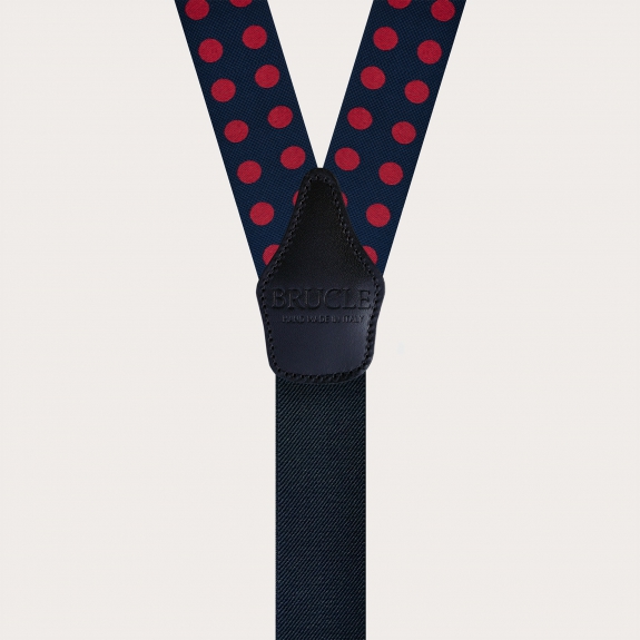 Men's blue silk suspenders with large red polka dots for buttons