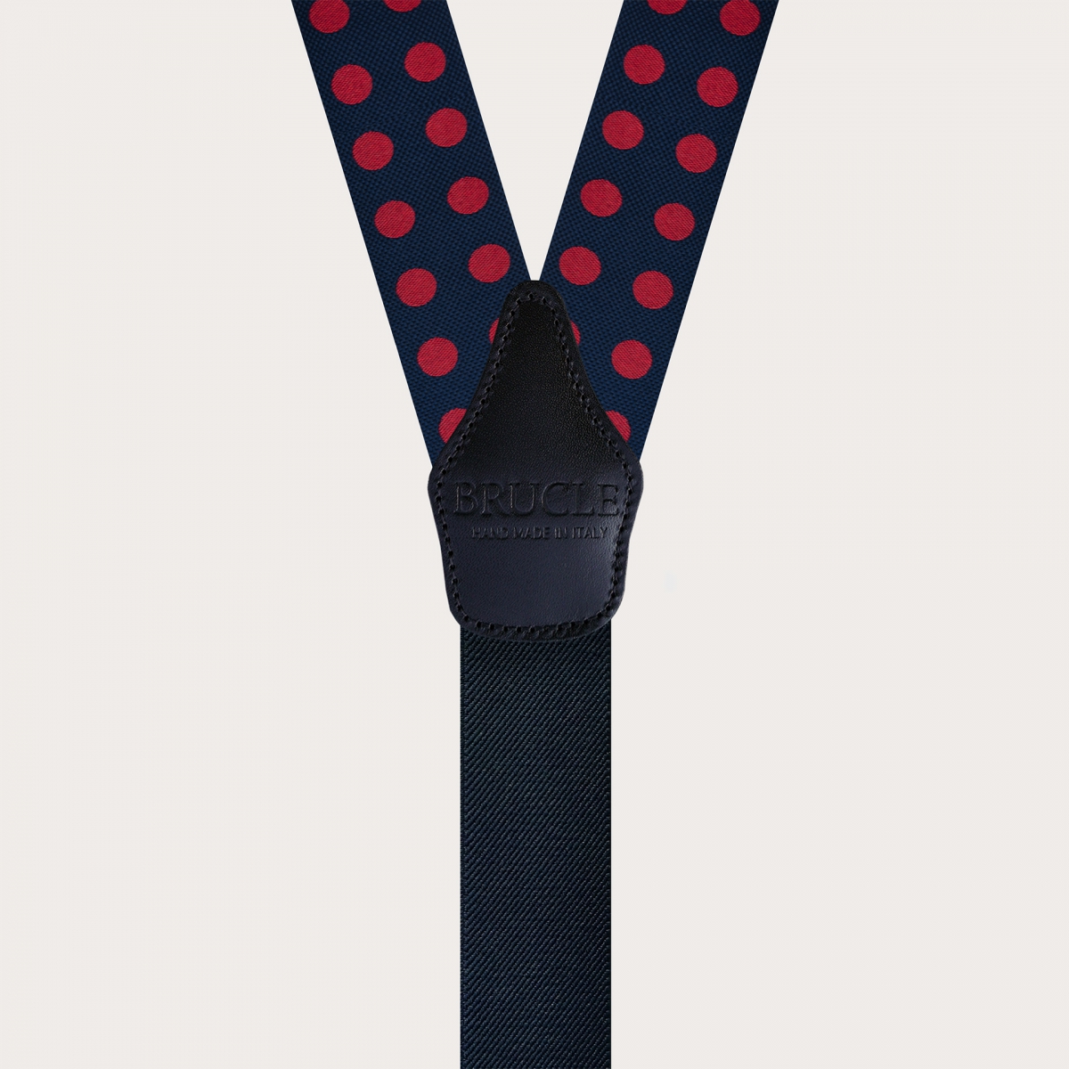 Men's blue silk suspenders with large red polka dots for buttons