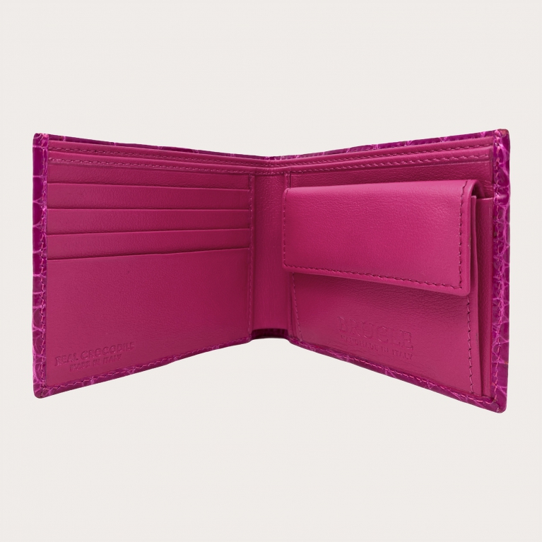 Portefeuille fuchsia en cuir de crocodile