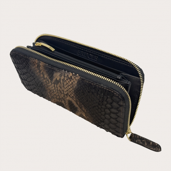 Zipped wallet in in hand-buffered python leather, black and brown