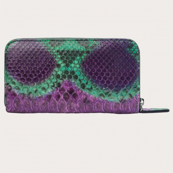 Women's green and purple hand-buffered python wallet