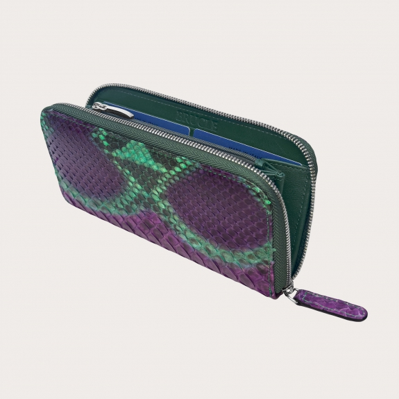 Women's green and purple hand-buffered python wallet