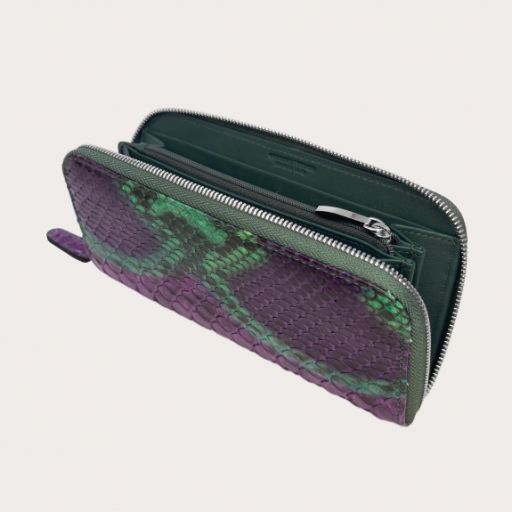 Women's green and purple hand-buffered python wallet