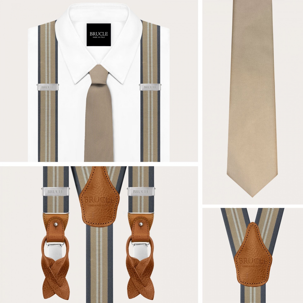 Coordinated set of striped suspenders and champagne silk tie