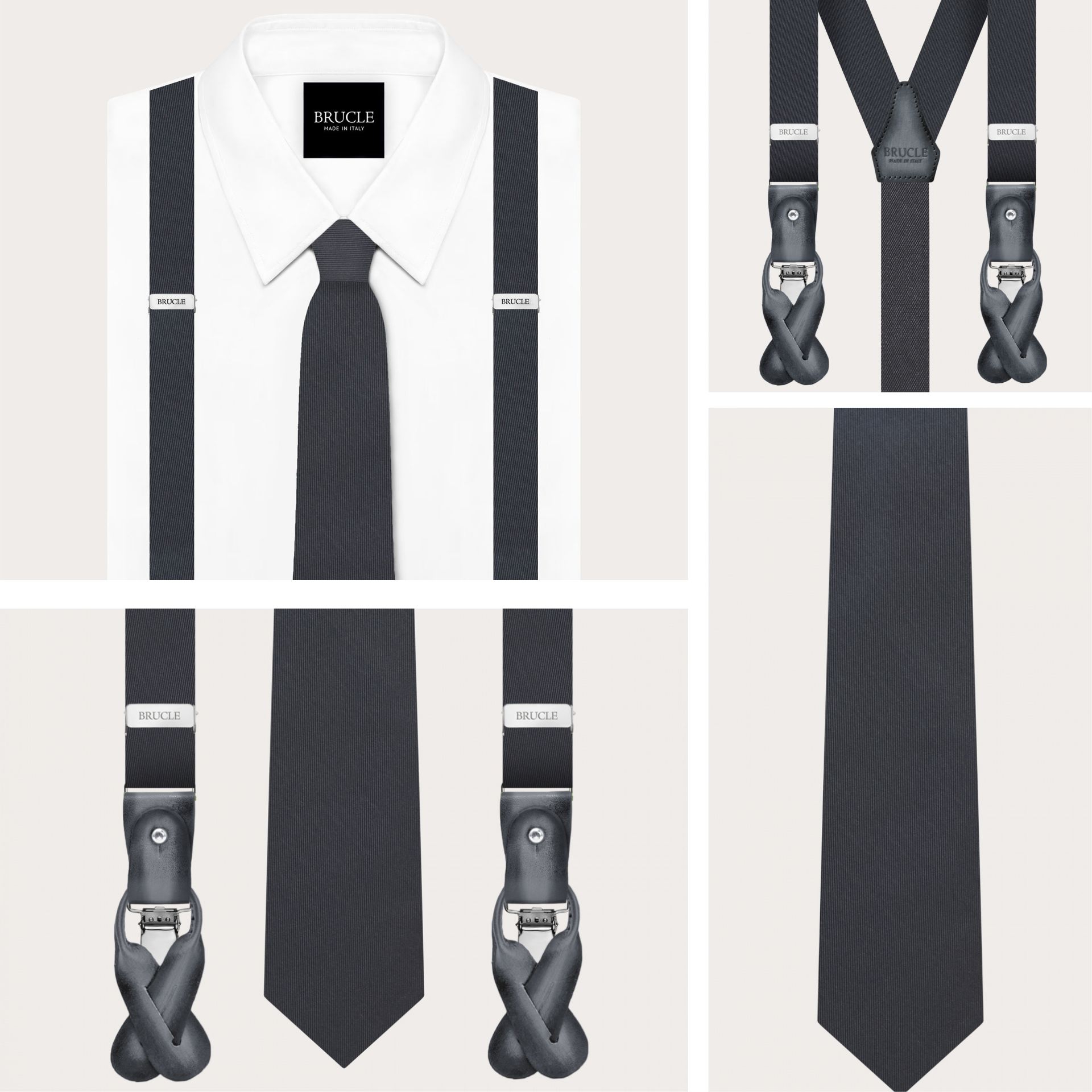 Set aus dünnen Seiden-Hosenträgern und passender Krawatte, anthrazitgrau