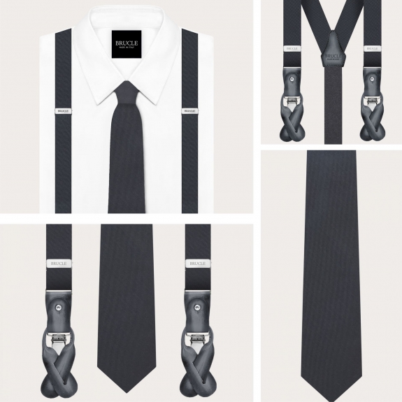 Set of thin silk suspenders and matching tie, anthracite grey