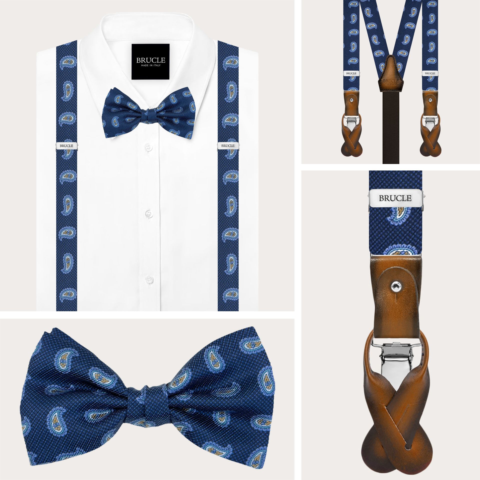 Blue paisley matching set: silk suspenders and bow tie