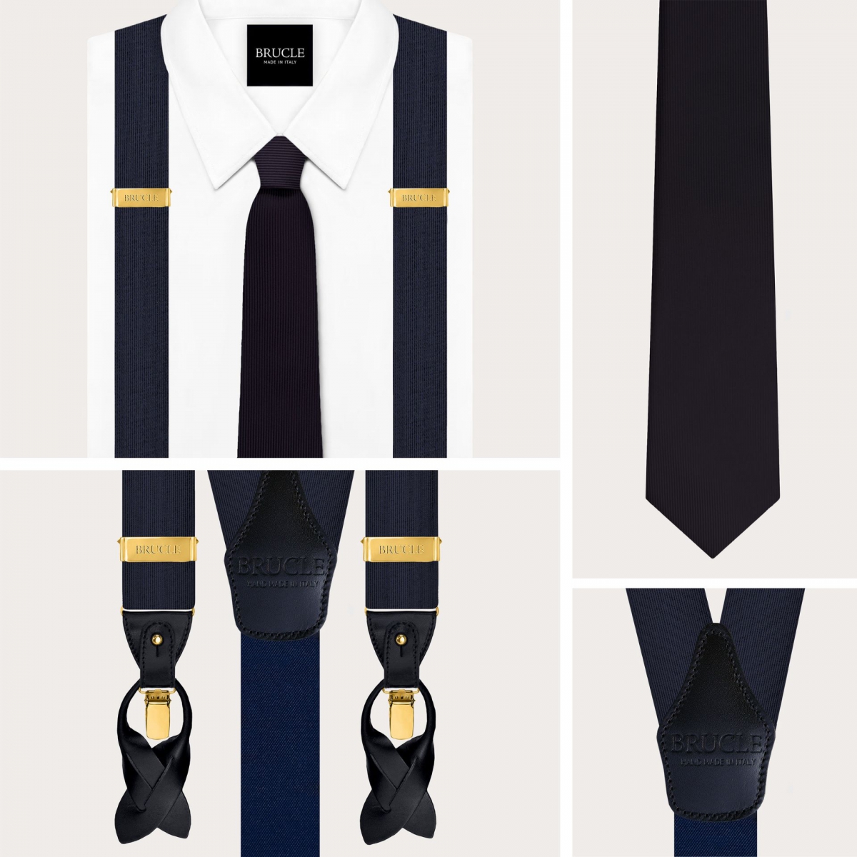 Suspenders with gold clips and coordinated navy blue silk tie