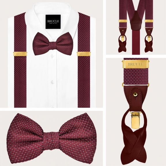 Bordeaux pin dot silk suspenders and bow tie set with gold clips