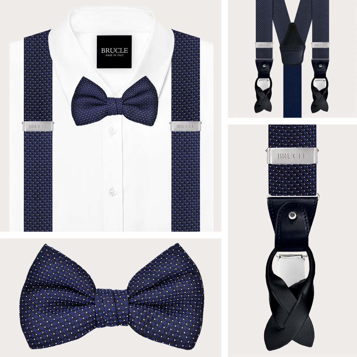 Coordinated set of navy blue silk polka dot suspenders and bow tie