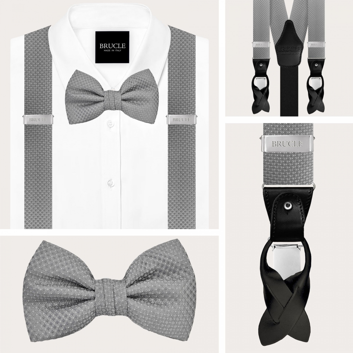 Grey silk suspenders and bow tie set with pin dots