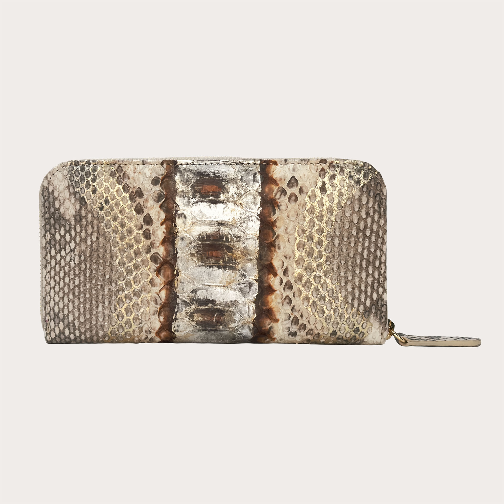 Women's python Leather Zip Around Wallet grey gold tan