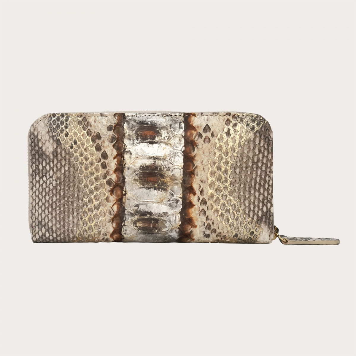 Portefeuille beige et or en python zippé, pour femme