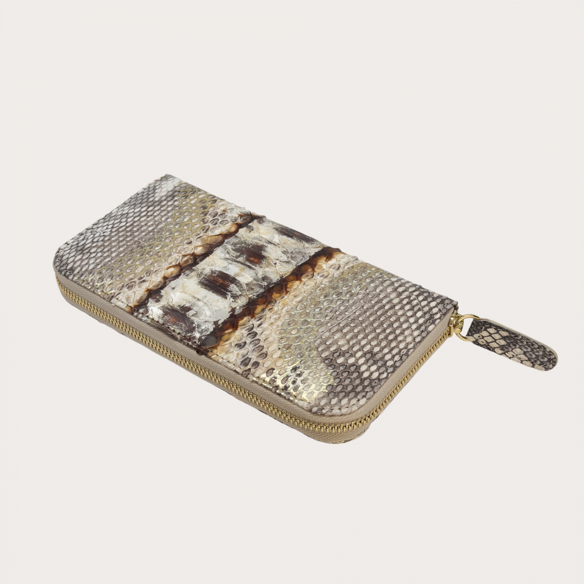 Women's python Leather Zip Around Wallet grey gold tan