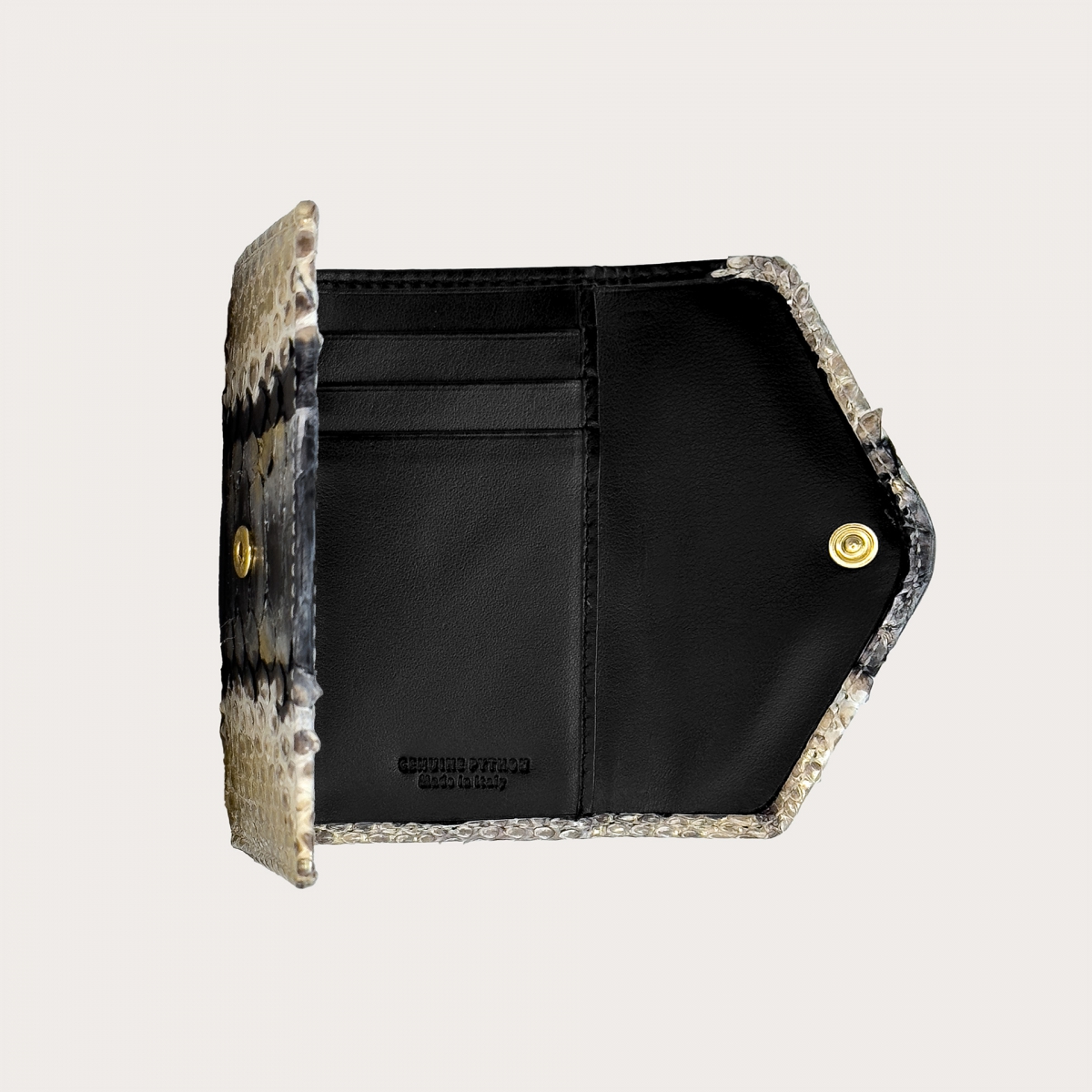 Mini compact wallet in gold and black python