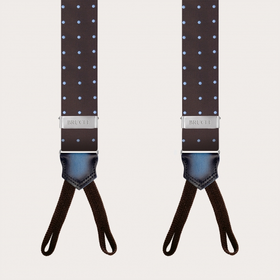 Brown polka dot silk suspenders with button loops