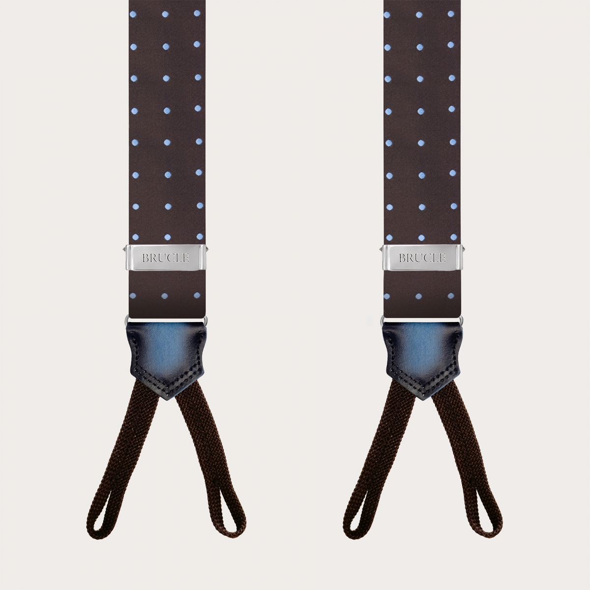 Brown polka dot silk suspenders with button loops