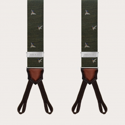 Green wool suspenders with duck pattern for buttons