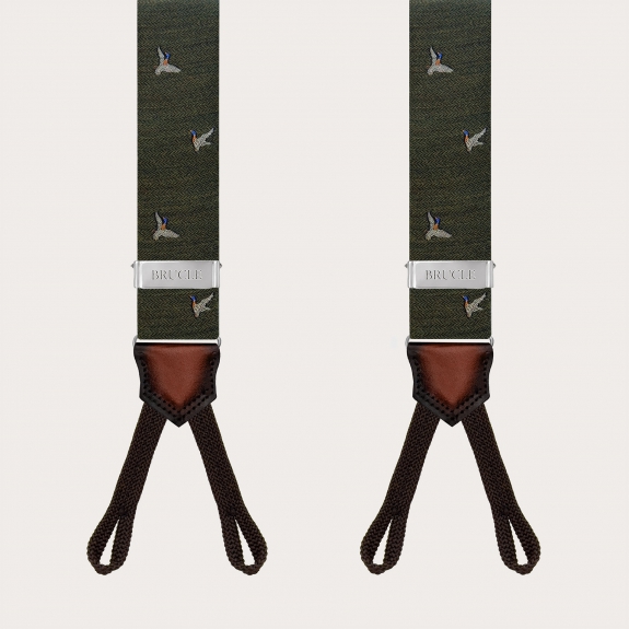 Green wool suspenders with duck pattern for buttons