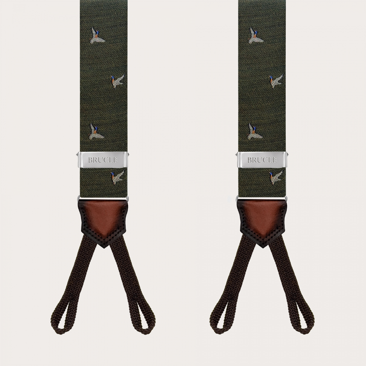 Green wool suspenders with duck pattern for buttons