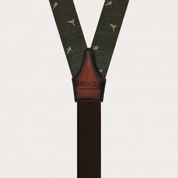 Green wool suspenders with duck pattern for buttons