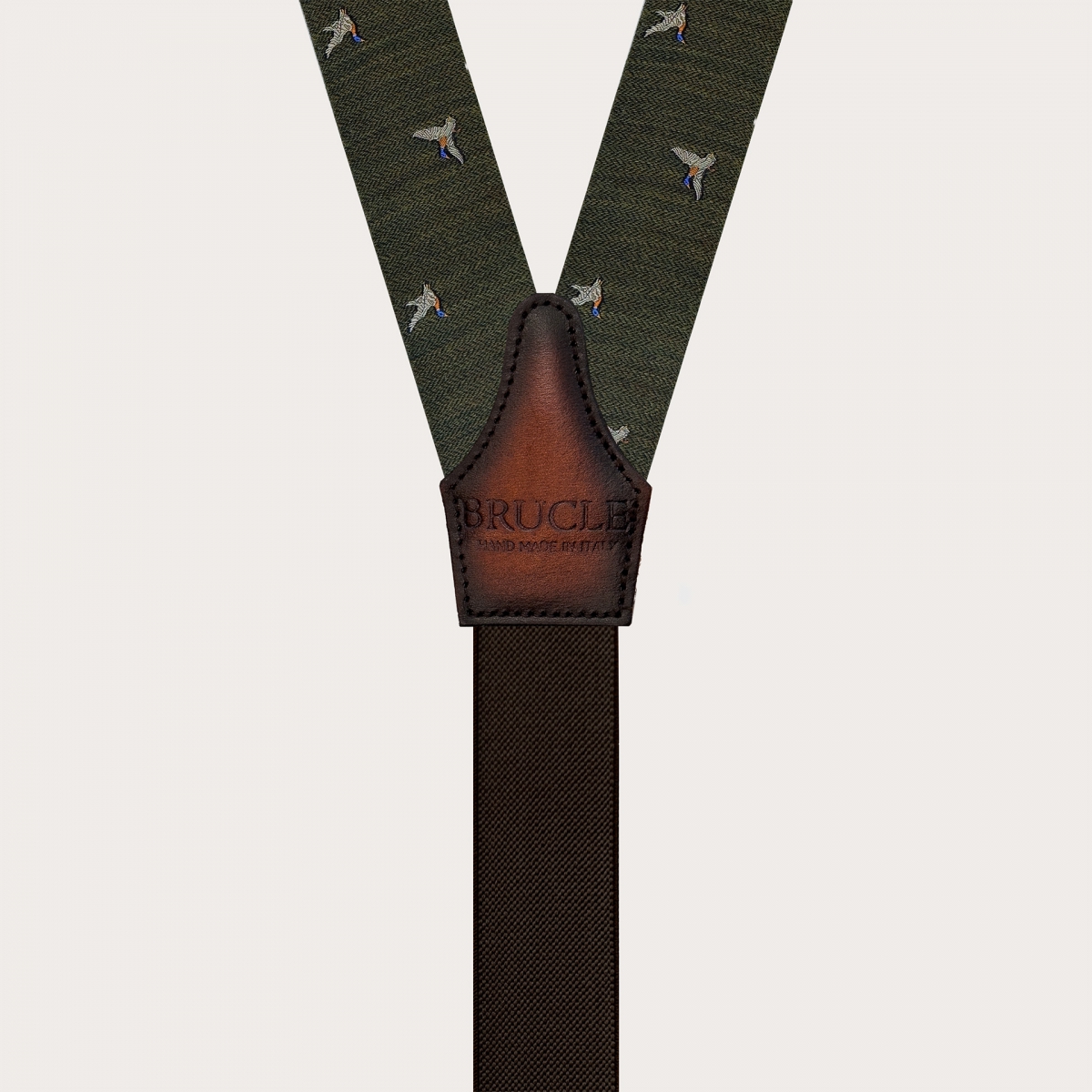 Green wool suspenders with duck pattern for buttons