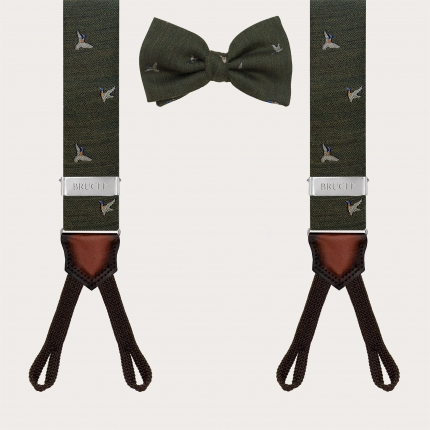 Coordinated wool set: button suspenders and green bow tie with duck pattern