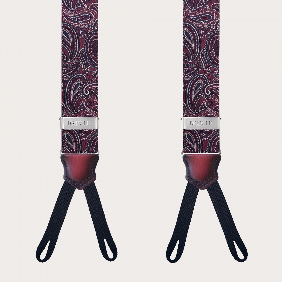 Burgundy paisley silk button suspenders