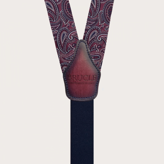 Burgundy paisley silk button suspenders