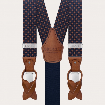 Men's blue silk suspenders with brown polka dots